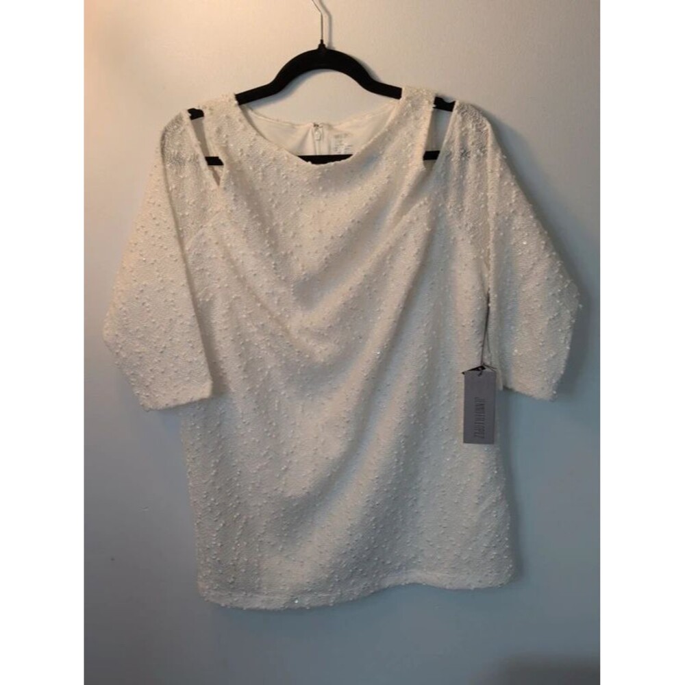 Nwt Jennifer Lopez White Sequin Cold Shoulder 3/4 Sleeve Blouse Top Size Xl
